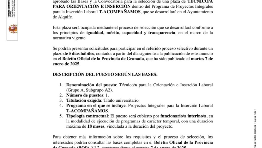 Selección de una plaza para Técnico para Orientación e Inserción
